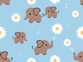 Seamless pattern with elephant spraying water and daisy flower on blue background vector.