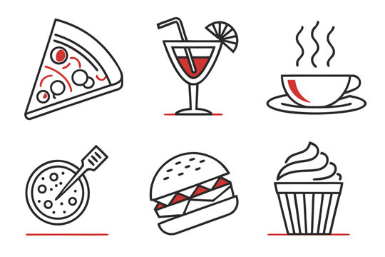 Food and drink icons set with illustrations of coffee, tea, wine, beer, pizza, burger, and cake for a cafe menu design