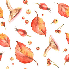 Seamless hand-painted watercolor illustration pattern with mushrooms, rose hips, and autumn leaves, reflecting the charm of seasonal forest decor, ideal for textiles, wrapping, and paper design.