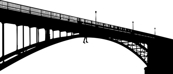 Dramatic silhouette of a person suspended from a grand arched bridge creating a powerful symbol of challenge and overcoming obstacles.