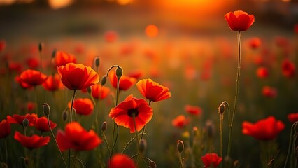 Fototapeta premium A serene sunset field filled with vibrant red poppies, bathed in warm golden light.