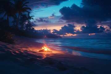 A beach scene with a fire on the sand and a cloudy sky