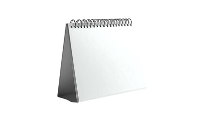 A blank white desktop calendar with a spiral binding and a triangular base, isolated on a black background