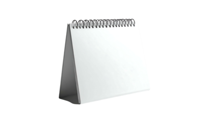 A blank white desktop calendar with a spiral binding and a triangular base, isolated on a black background