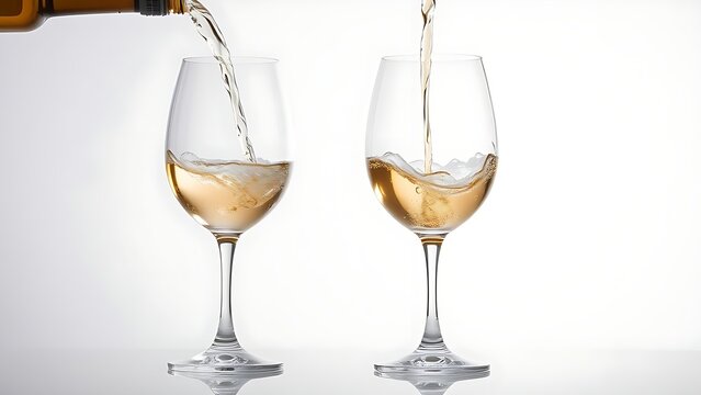 Elegant wine glasses capturing the graceful pour of white wine in a clean studio setting.
