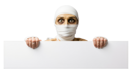 Scary Mummy holding a blank white sign or banner for Halloween message or advertisement, isolated on transparent background