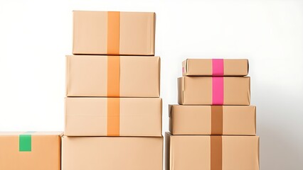 Obraz premium Stacked cardboard shipping boxes with colorful tape on a clean white backdrop.