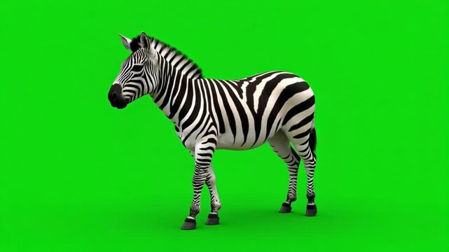 Striking zebra standing alert against a vibrant green screen background for animal documentaries and educational content creation projects
