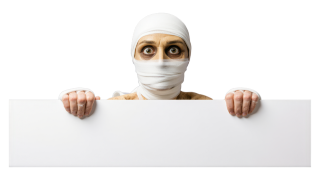 Scary Mummy holding a blank white sign or banner for Halloween message or advertisement, isolated on transparent background - Powered by Adobe