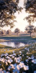 A tranquil landscape featuring blooming flowers surrounding a serene pond, with trees in the background illuminated by warm sunlight during the golden hour.