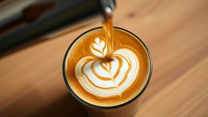 Close-up of a latte with intricate foam design being poured, coffee art process.