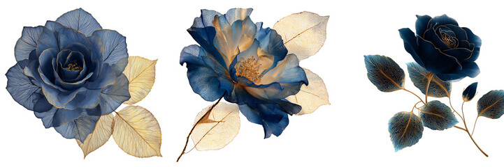 Set of Vibrant royal blue alcohol ink blooms blending with radiant gold foil accents, arranged in a botanical frame on transparent png background. Ai generated