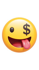 Yellow Smiley Face with Tongue Out and Dollar Sign, Glossy 3D Realism Icon with Transparent Background