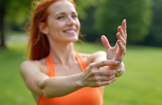 Attractive redhead woman stretches wrist. Smiling girl does exercises in park. Female works out outdoors, enjoying summer nature, green background. Healthy lifestyle, recreation.