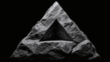 Dramatic geometric rock formation with internal triangular opening, conveying mystery and raw power
