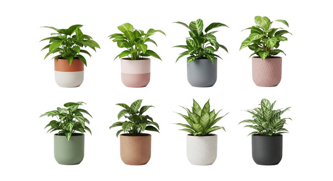 Group of eight potted houseplants in colorful pots isolated on transparent background for indoor home decor