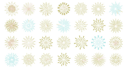 Collection of pastel-colored firework burst illustrations, various shapes and sizes.