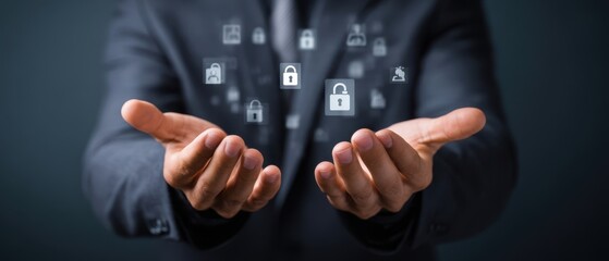 The businessman protecting digital data with floating padlock icons above open hands