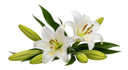 Two beautiful white lilies with green leaves and buds isolated on transparent background create a serene and elegant composition