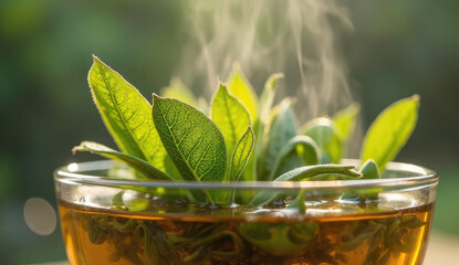 Freshly Brewed Tea with Vibrant Green Leaves Steaming