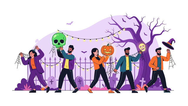 Halloween Gathering: A vibrant illustration capturing a lively Halloween scene with individuals holding festive masks and decorations, against a spooky backdrop. 