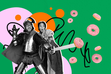 Collage poster artwork sketch of vintage conqueror knight hero character costume armor man protect young lady suffer donut sweet keep diet