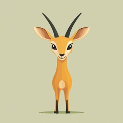 A cartoon giraffe with long horns stands in front of a green background. The giraffe has a happy expression on its face