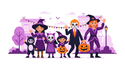 Halloween Parade of Costumed Characters: A festive illustration showcasing a group of children and adults dressed in an array of imaginative Halloween costumes.