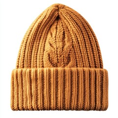 Fototapeta premium A tan knit hat with a leaf on it. The hat is sitting on a white background. The hat has a rustic, cozy feel to it