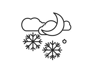 Simple line drawing of a night sky with clouds, moon, and falling snowflakes