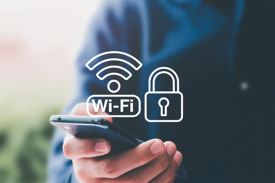Secure wifi connection concept with smartphone and padlock for network safety and data protection online