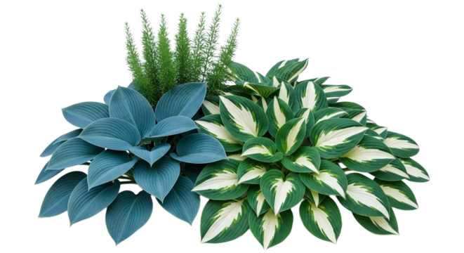 A collection of hosta and other plants with green and blue leaves isolated on transparent background, creating a lush and vibrant display