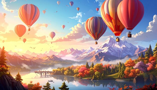 Colorful hot air balloons over a scenic autumn landscape - Powered by Adobe