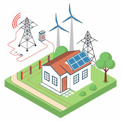 Modern house with solar panels and wind turbines connected to power grid for sustainable energy generation