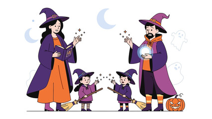 Magical Family: A charming illustration of a family in magical costumes, conjuring spells under the crescent moon, with a pumpkin and ghost in a Halloween scene.