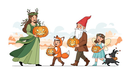 Halloween Parade: A whimsical illustration of a costumed group, including a fairy, gnome, fox and other creatures, happily parading with carved pumpkins, celebrating the festive season.