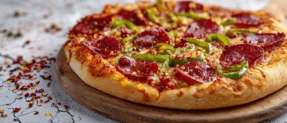 The Pizza with Pepperoni and Bell Peppers on a Rustic Wooden Cutting Board