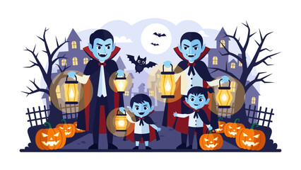 Halloween Vampire Family Illustration: A captivating digital illustration depicts a family of vampires, complete with lanterns and jack-o'-lanterns, celebrating the spirit of Halloween night. 
