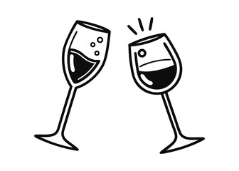 Two wine glasses clinking together in a toast, black and white line art