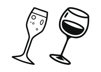Two wine glasses tilted, one with bubbles, black and white line art