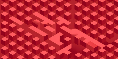 Isometric red cube grid with raised sections forming a pattern and design on a flat surface abstract wallpaper