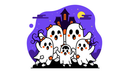 Ghostly Gathering Under the Moonlight: A cheerful cartoon depicts a family of friendly ghosts and a spooky haunted mansion on a beautiful night.