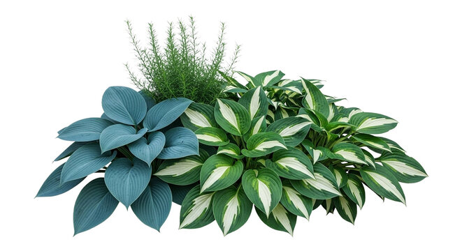 Group of three different hosta plants isolated on transparent background, showcasing their unique foliage and textures