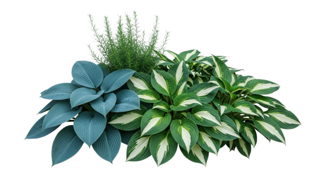 Group of three different hosta plants isolated on transparent background, showcasing their unique foliage and textures