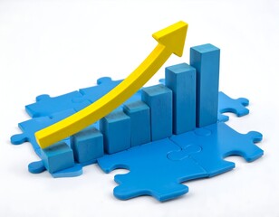 A graphic representation of increasing growth, depicted by a rising yellow arrow overlaid on a blue bar graph. The graph and arrow rest on interlocking blue puzzle pieces