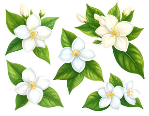 Seven vibrant white jasmine blossoms with green leaves, varying in bloom stages, depicted in a detailed, illustrative style against a black background