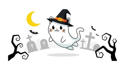 Spooky Cat Halloween Scene: A cheerful cartoon cat in a witch's hat levitates over a graveyard on a Halloween night. The scene, filled with bats and a crescent moon, evokes a sense of whimsy and fun.