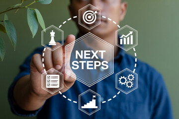 Next steps strategy planning business goals and objectives process improvement and development concept image
