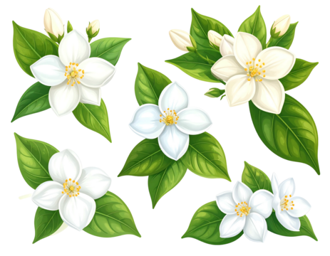 Seven vibrant white jasmine blossoms with green leaves, varying in bloom stages, depicted in a detailed, illustrative style against a black background