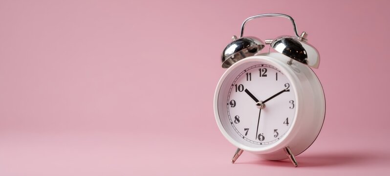 The alarm clock on pastel pink background symbolizing morning routine and punctuality